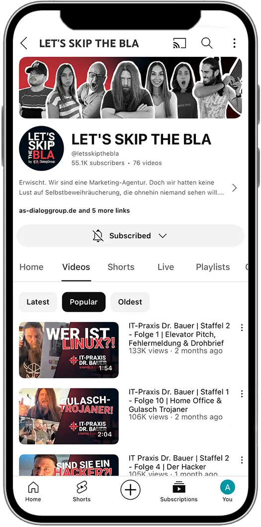 YouTube Kanal von LET'S SKIP THE BLA a+s DialogGroup