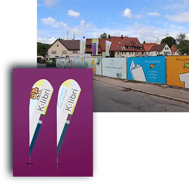 Beachflags, Fahnen, Bauzaun und Baucontainer mit Logo und den K:libri Figuren